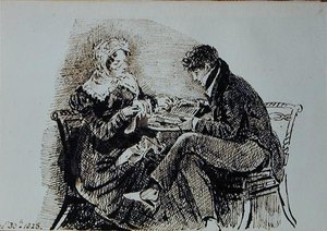 Homme et femme lisant à une table