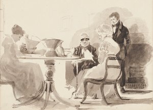 Homme debout à une table avec trois femmes assises - John Harden
