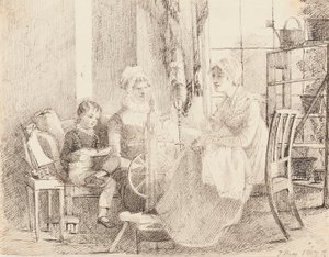 Femmes au rouet et un garçon avec un bateau jouet, 1807 - John Harden