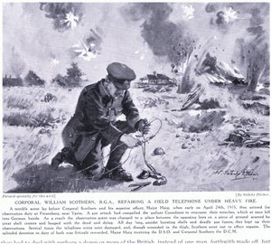 Le caporal William Scothern RGA réparant un téléphone de campagne sous un feu nourri a été décoré DCM Ypres mai 1915