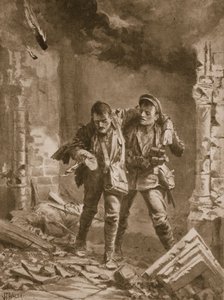 Le soldat A.E. Walker aidant un camarade blessé à sortir d