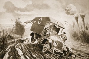 Le soldat Adams allant au secours des blessés dans une ambulance motorisée qui avait heurté un trou d