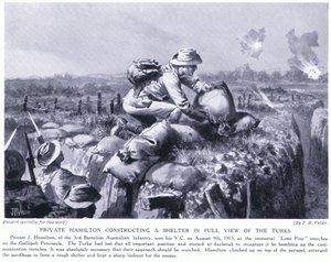 Le soldat Hamilton construisant un abri en pleine vue des Turcs dans les tranchées de Lone Pine sur la péninsule de Gallipoli, août 1915