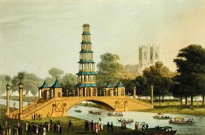 Le pont chinois et la pagode, érigés dans le parc en commémoration de la Glorieuse Paix de 1814, gravé par Matthew Dubourg