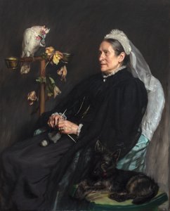 Vieille dame et ses animaux de compagnie, posée par Mme William Sommerville