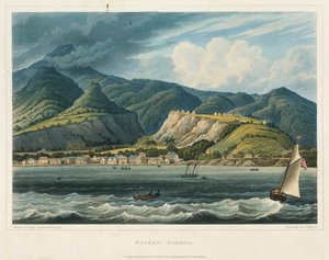 La ville de Roseau, Dominique (Caraïbes). Lithographie par le lieutenant John Herbert Caddy (1801-1883)
