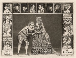 Mary Ann Yates et Laurence Clinch jouant le duc et la duchesse de Bragance dans Braganza entourés par des membres du public, 1785