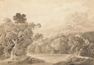 Rive boisée, ville sur colline et sommets de montagnes au loin - John Martin
