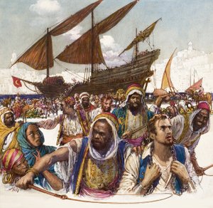 Captifs arabes enchaînés sur les quais, avec un boutre à l