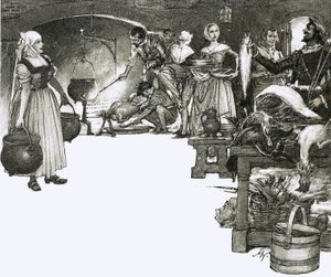 Cuisiner sur un feu ouvert dans une cuisine élisabéthaine - John Millar Watt