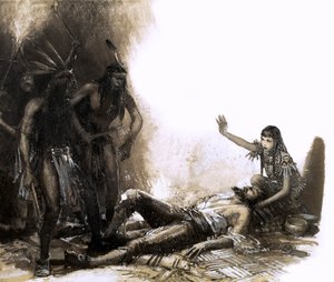 Pocahontas intervenant pour sauver la vie du capitaine Smith (gouache sur papier)