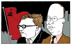 Dmitri Chostakovitch et Sergei Prokofiev avec le drapeau soviétique