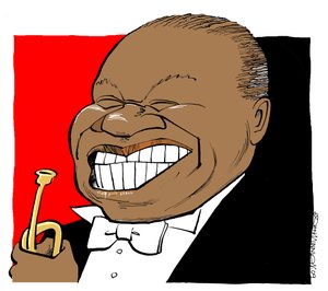 Louis Armstrong - caricature, jouant de la trompette - John Minnion