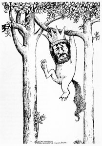 Oliver Knussen - caricature suspendue à un arbre avec une couronne - compositeur et chef d