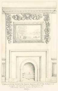 Cheminée sculptée dans la pièce arrière au rez-de-chaussée donnant sur le jardin, Fairfax House, High Street, Putney, 1887