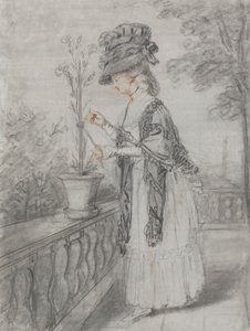 Dame sur une terrasse soignant un œillet - John Raphael Smith