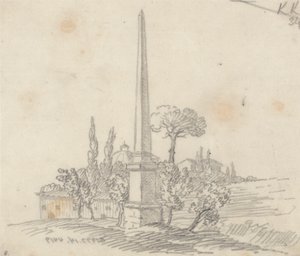 Un obélisque avec des toits et des arbres au loin
