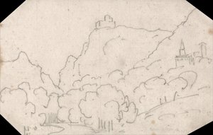 Vue sur la montagne avec des bâtiments - John Robert Cozens