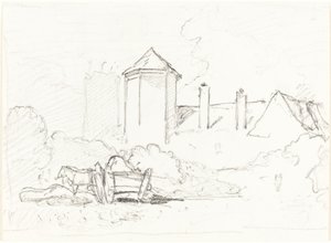 Croquis de Bâtiments avec Chariot et Chevaux au Premier Plan