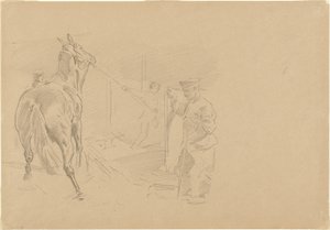 Homme tirant un cheval dans un box, 1918