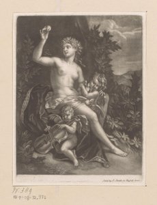 Vénus avec une pomme et deux cupidons avec un violon et des colombes