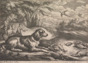 Chien de chasse et faisans