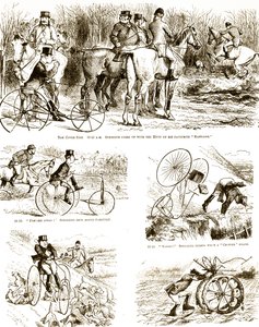 Caricature représentant un homme chassant sur un tricycle. Illustré par John Tenniel, illustrateur anglais