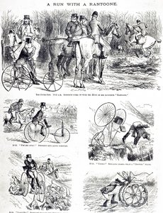 Une caricature représentant un homme chassant en tricycle. Illustré par John Tenniel (1820-1914) un illustrateur anglais, humoriste graphique et caricaturiste politique - John Tenniel