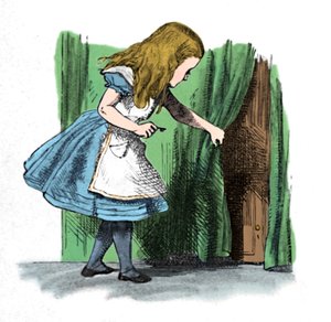 Alice regardant une petite porte derrière un rideau, 1889