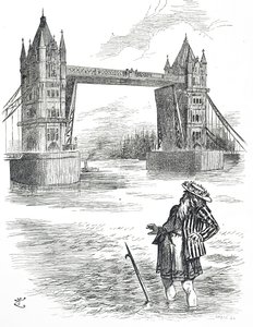 Dessin humoristique représentant le Père Thames admirant Tower Bridge, Londres - John Tenniel