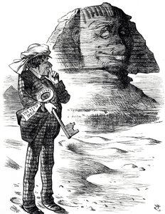 Dessin animé représentant le Premier ministre Benjamin Disraeli tenant le canal de Suez comme la clé de la possession et de l