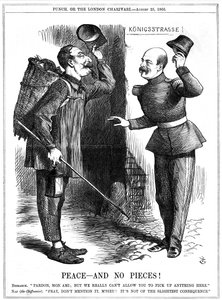 Napoléon III, empereur français 1852-1870, déguisé en chiffonnier, averti par Otto von Bismarck, le chancelier prussien. Les ambitions territoriales de Napoléon ont conduit à la guerre franco-prussienne de 1870-71. Caricature de John Tenniel dans Punch, Lo