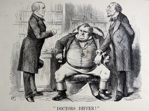 Satire politique représentant William Ewart Gladstone, Benjamin Disraeli et John Bull