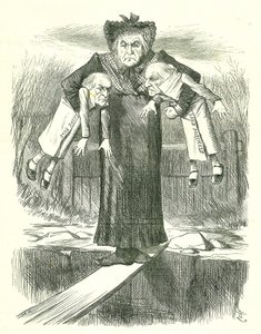 Déposer deux, et en porter un.?: Gladstone, le Premier ministre britannique, dans un dilemme sur lequel des projets de loi irlandais controversés abandonner. Caricature de John Tenniel de Punch, Londres, 3 avril 1886. - John Tenniel
