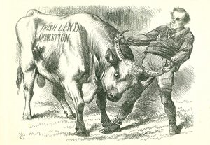 Prendre le taureau (irlandais) par les cornes: Projet de loi adopté par le Parlement le 15 février 1870 et ayant reçu la sanction royale le 8 juillet. William Gladstone, Premier ministre, traitant la question. Caricature de John Tenniel dans Punch, Londres