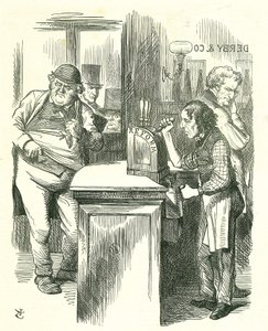 Le garçon honnête : Réforme du Parlement - extension du droit de vote. Disraeli servant la réforme à John Bull sous le regard de son opposition parlementaire. Il a introduit et fait adopter son projet de loi sur la réforme. Caricature de Tenniel de Punch,  - John Tenniel