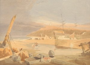 Scène de rivage avec navire à voile au quai - John Thirtle
