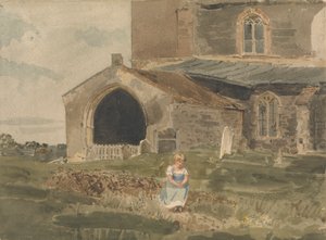 Jeune fille assise sur un talus devant une église