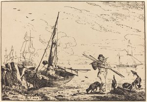 Marine : Bateaux de pêche sur le rivage, homme avec des rames, navire au loin - John Thomas Serres
