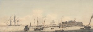Vue du château Cornet, Guernesey, îles Anglo-Normandes, avec des navires - John Thomas Serres
