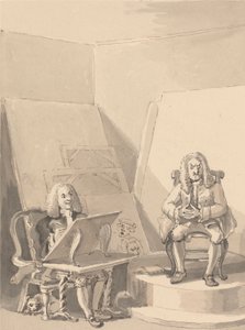 Hogarth réalisant un portrait de H. Fielding pour un libraire, à partir des traits de Garrick qui a emprunté une des perruques de l