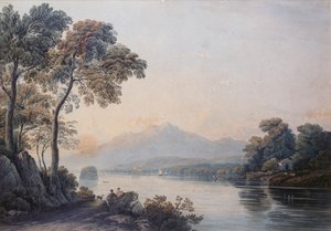 Figures avec un chien sur les rives du lac Killarney - John Varley