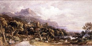 Paysage avec château et montagne