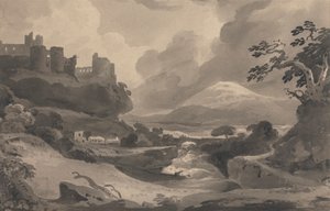 Paysage de montagne avec ruines de château sur une falaise - John Varley
