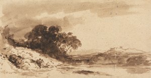 Paysage fluvial avec deux personnages, lac et montagnes lointaines - John Varley