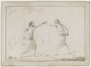 (Dessin complet) Deux hommes boxant, avec des spectateurs assis en demi-cercle et des palmiers esquissés en arrière-plan - John Webber