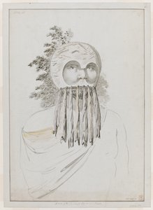 Un homme des îles Sandwich avec un masque. Un homme des îles Sandwich avec un masque consistant en une coiffe en bol avec des découpes pour les yeux.