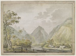 Vue en amont de la rivière Vaitepiha avec deux Tahitiens dans un canoë au premier plan, et deux autres sur la rive. Maisons tahitiennes à droite. Août 1777