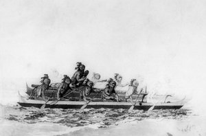 Hawaïens masqués dans une double pirogue, c1770-1793