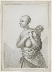 [Dessin entier] Une femme tasmanienne portant un enfant sur son dos, avec une peau en bandoulière de son épaule gauche autour de sa taille. Janvier 1777 - John Webber